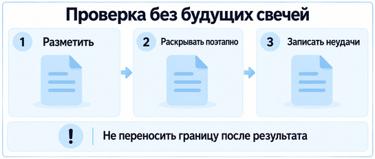 Проверка чтения без будущих свечей: разметить, раскрывать цену поэтапно и записать неудачи, не переносить границу после результата
