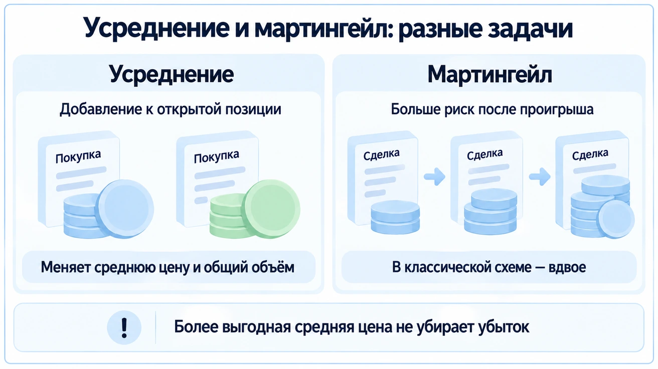 Усреднение меняет среднюю цену и общий объём открытой позиции, мартингейл увеличивает следующую ставку после потери; снижение средней цены не убирает убыток