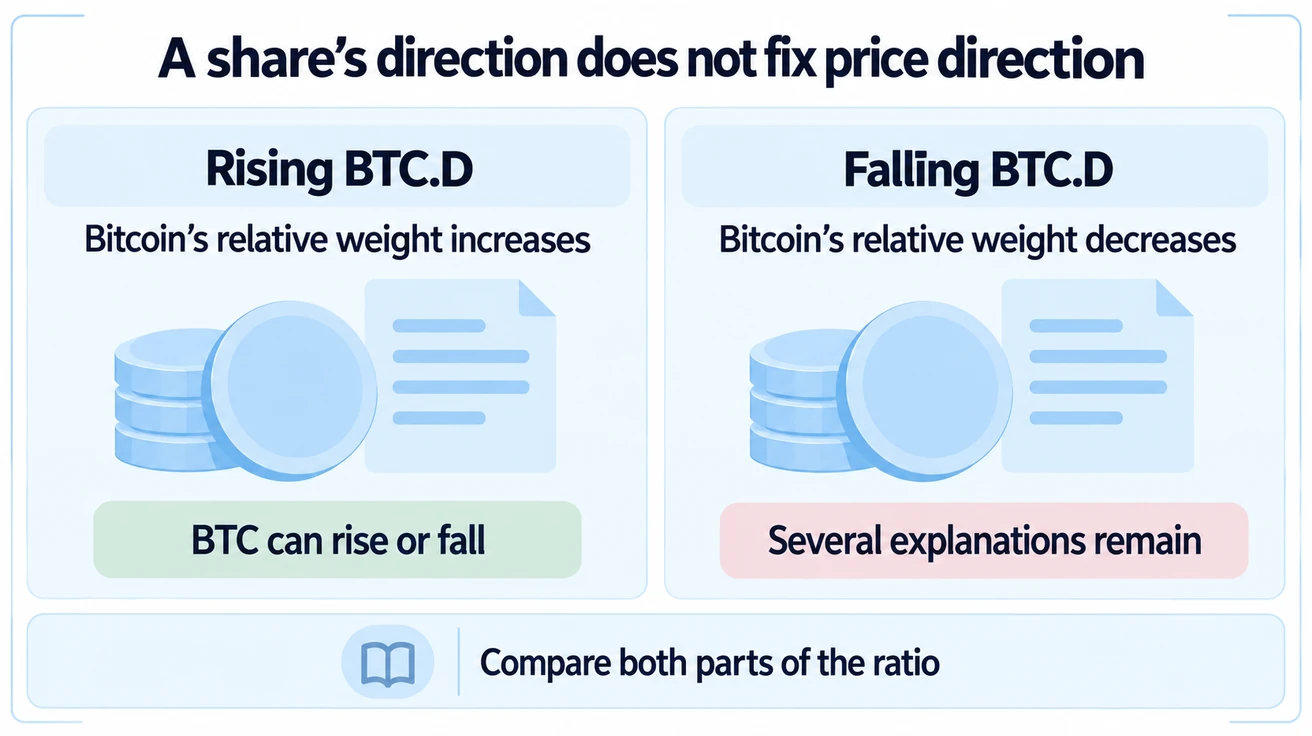 Rising or falling dominance describes relative weight and does not alone determine Bitcoin's price direction or distinguish possible explanations.