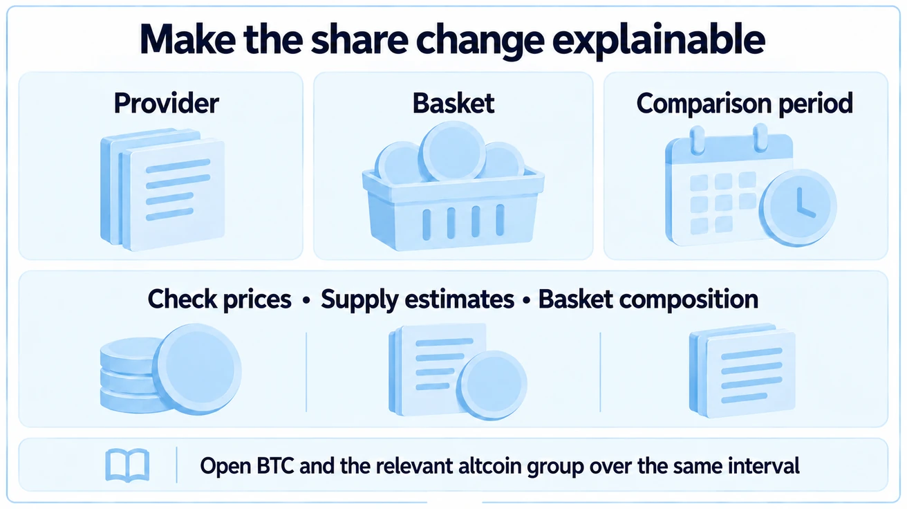 Record provider,basket and period, then compare BTC and relevant altcoins over that interval and check prices,supply estimates and composition.