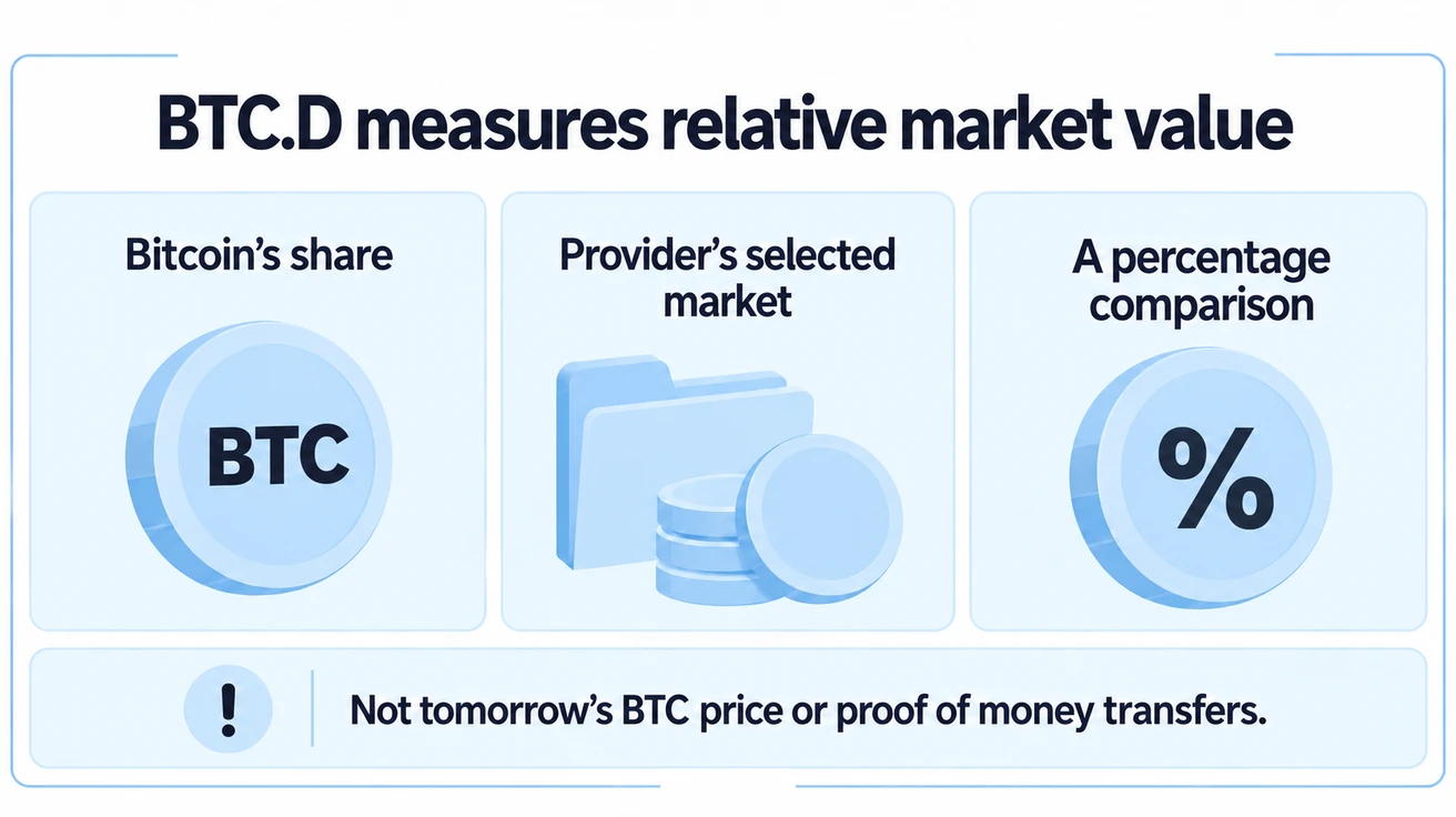 BTC.D compares Bitcoin's share of a provider's selected market value, without predicting BTC price or proving money transfers.