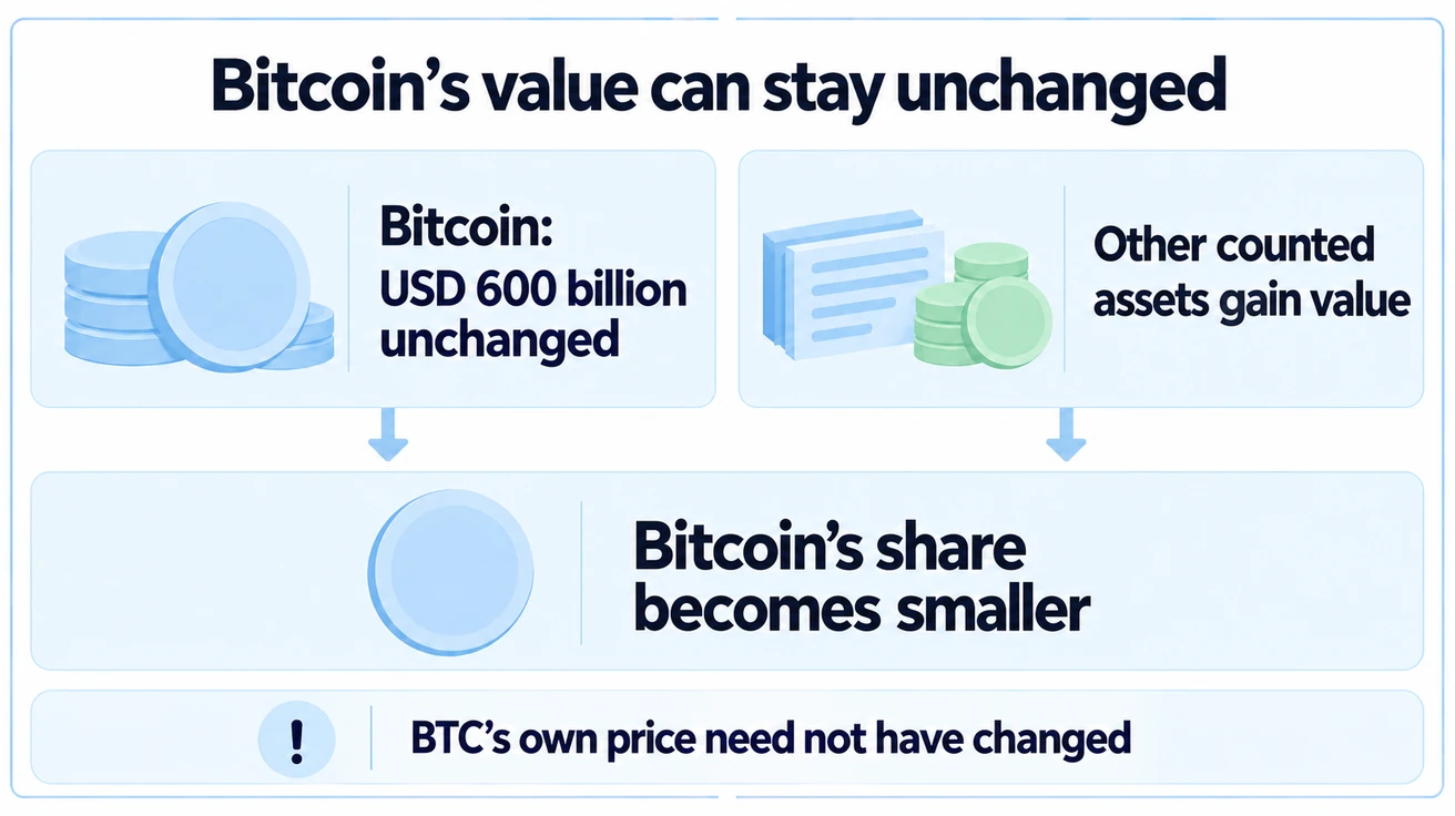 With Bitcoin's hypothetical USD600billion valuation unchanged, growth in other counted assets reduces its share without requiring a BTC price change.
