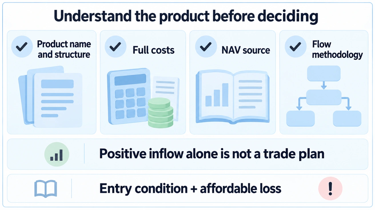 Check the product's name, structure, full costs, NAV source and flow methodology; positive inflows alone do not form a trade plan.