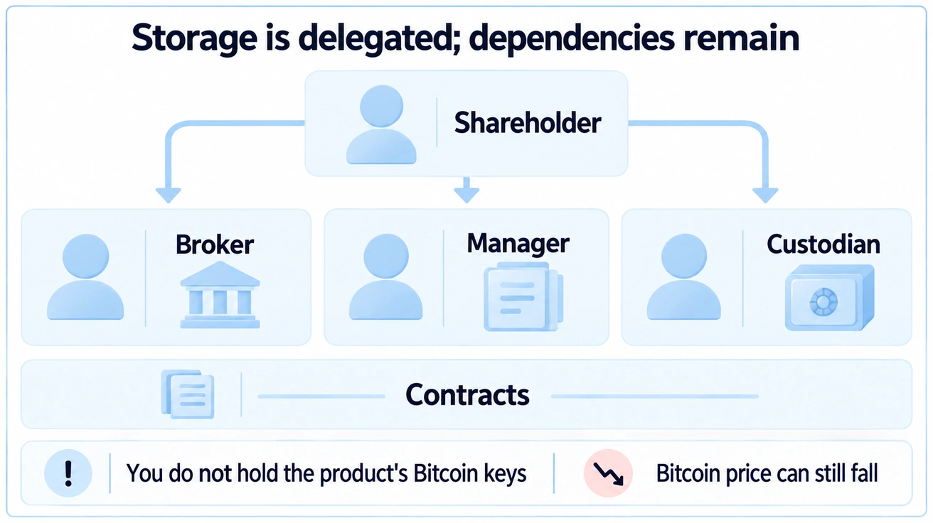 A shareholder depends on the broker, manager, custodian and their contracts without personally holding the product's Bitcoin keys.