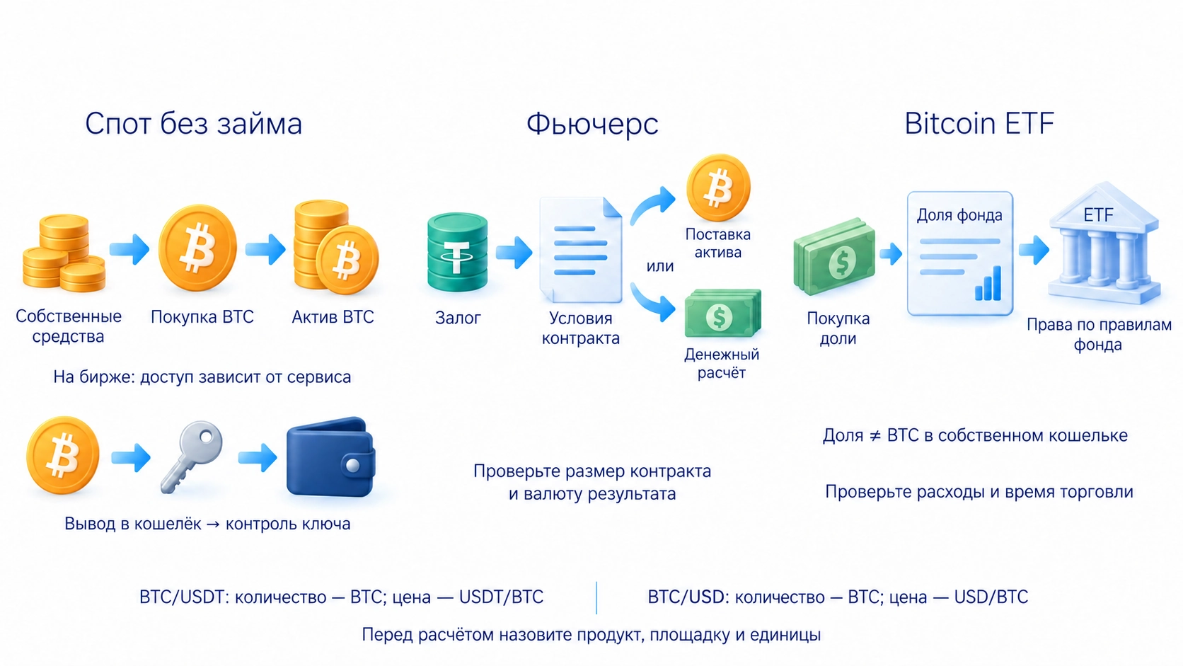 Сравнение спота без займа, фьючерса и Bitcoin ETF: покупка актива, контракт и биржевой продукт имеют разные правила, расходы и права.