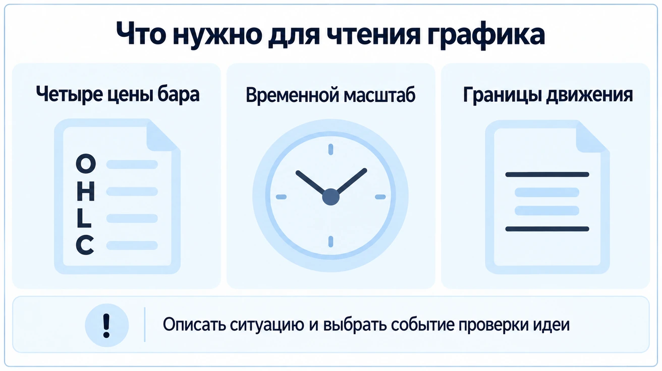 Три основы чтения графика: четыре цены бара O, H, L, C, временной масштаб и границы движения.
