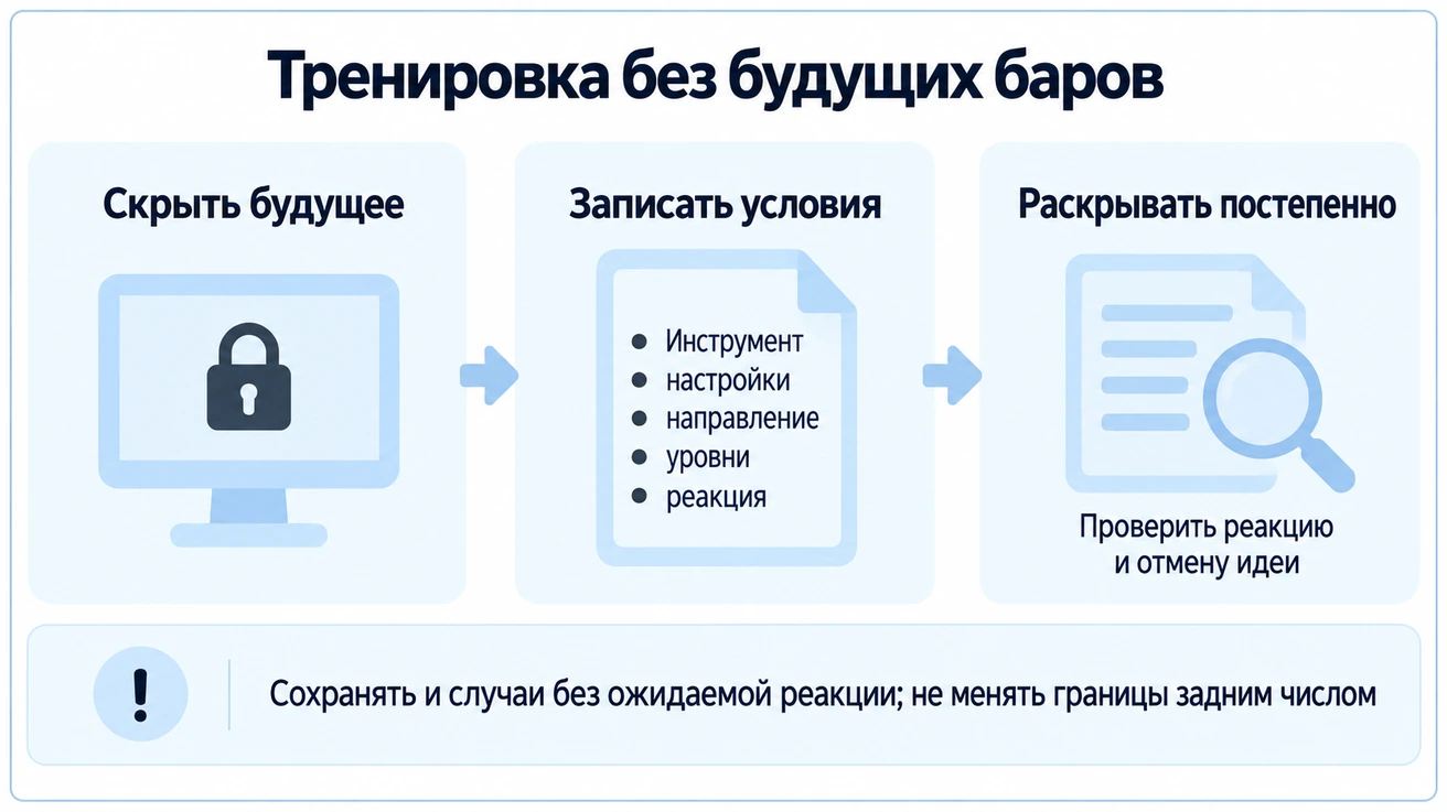 Порядок тренировки: скрыть будущие бары, записать инструмент, настройки, направление, уровни и ожидаемую реакцию, затем раскрывать и проверять идею.