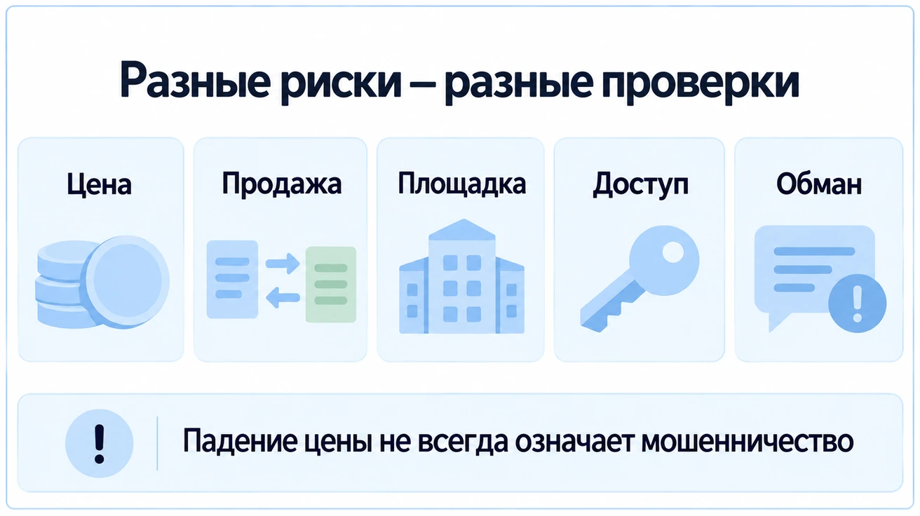 Цена, возможность продажи, работа площадки, сохранность доступа и обман требуют разных проверок; падение цены не всегда означает мошенничество