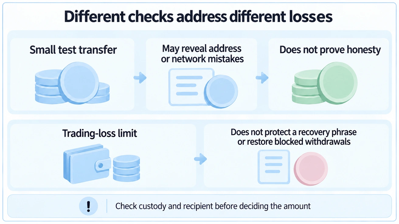 A small test can detect some technical mistakes without proving honesty, while a trading-loss limit does not protect a disclosed phrase or blocked withdrawals.