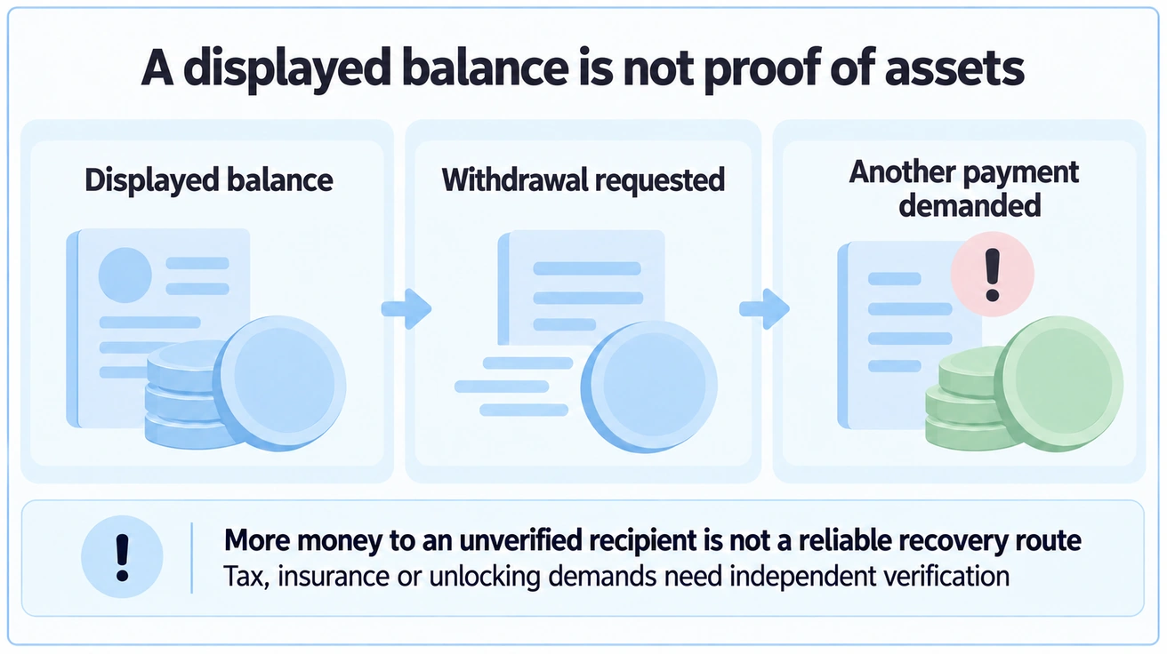 A fake platform can display a balance and demand more payments when withdrawal is requested; the figure does not prove withdrawable assets.