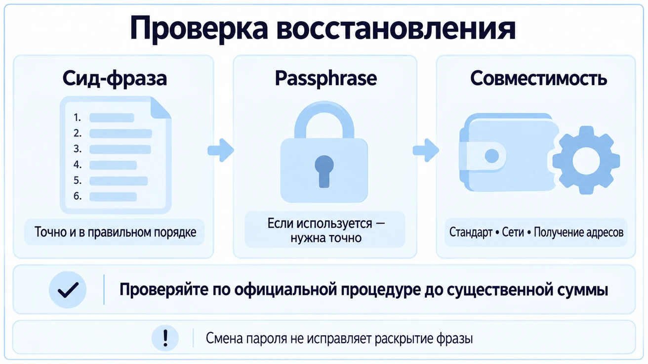 Для восстановления проверяют точность сид-фразы, дополнительной passphrase при её использовании и совместимость кошелька по официальной процедуре