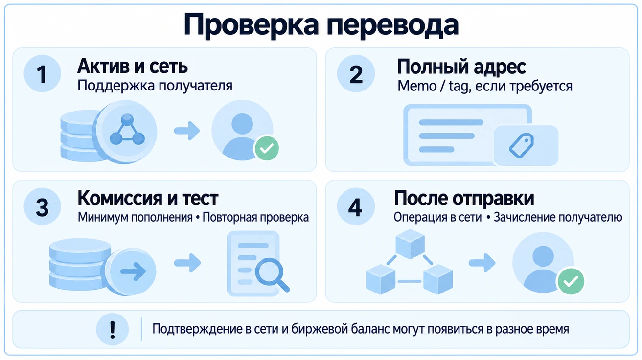 Перед переводом проверяют актив и сеть, полный адрес и memo или tag, комиссию и условия теста; затем операцию в сети и зачисление получателю