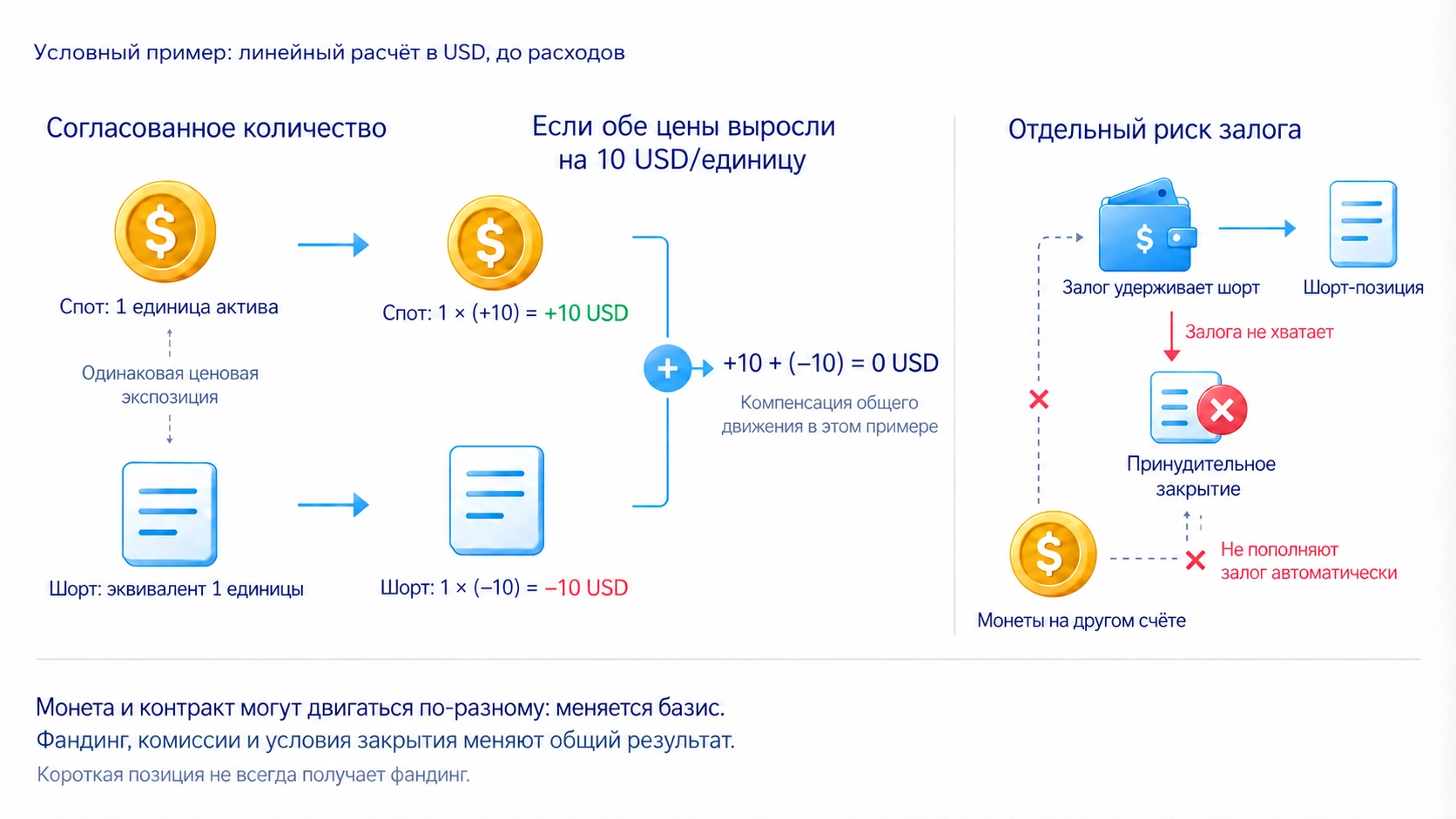 Спот и короткий фьючерс: согласованный объём, базис, фандинг и риск нехватки залога