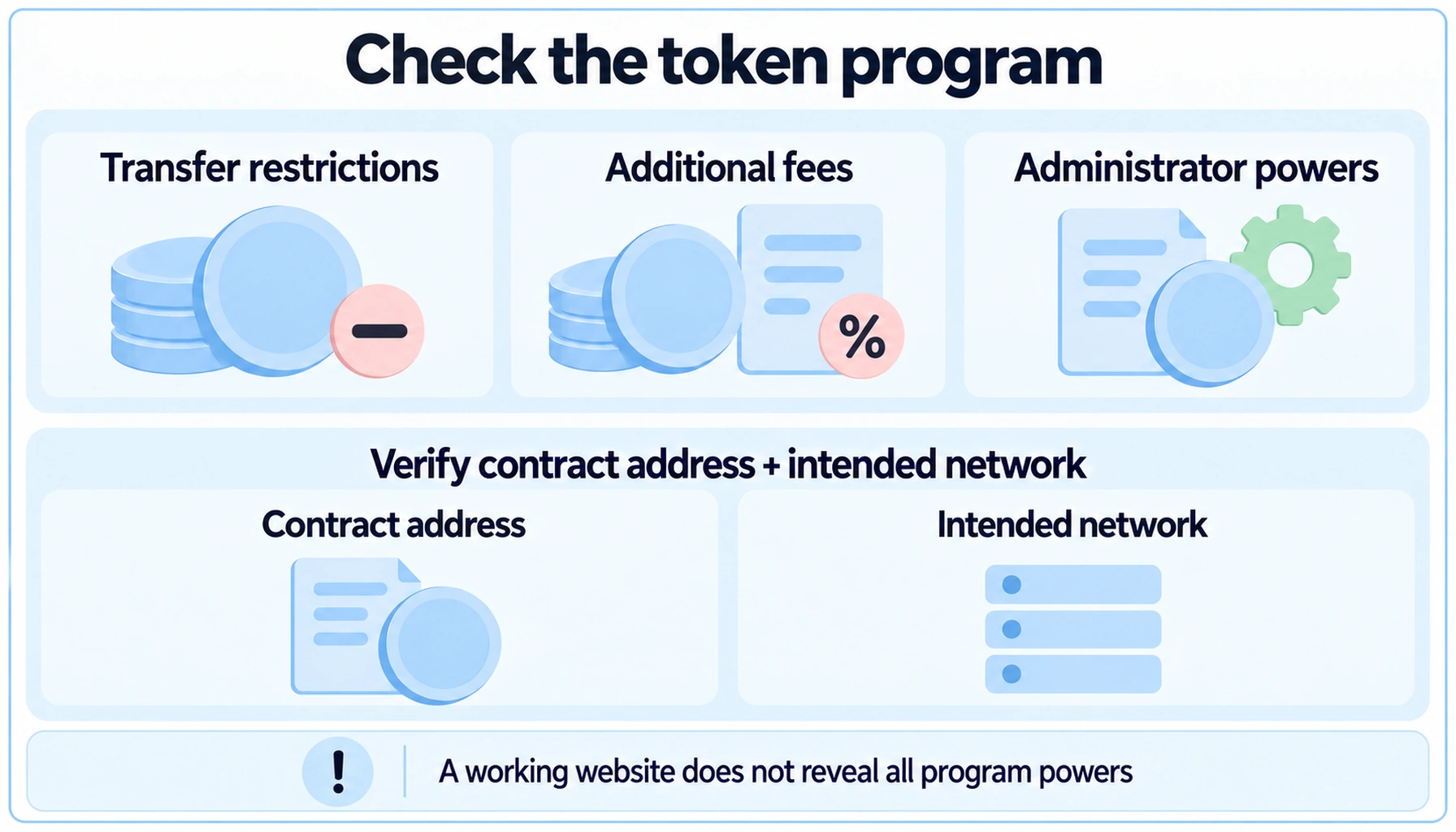 Token-program rules can restrict transfers, add fees or give administrator powers; verify the intended network and contract address.