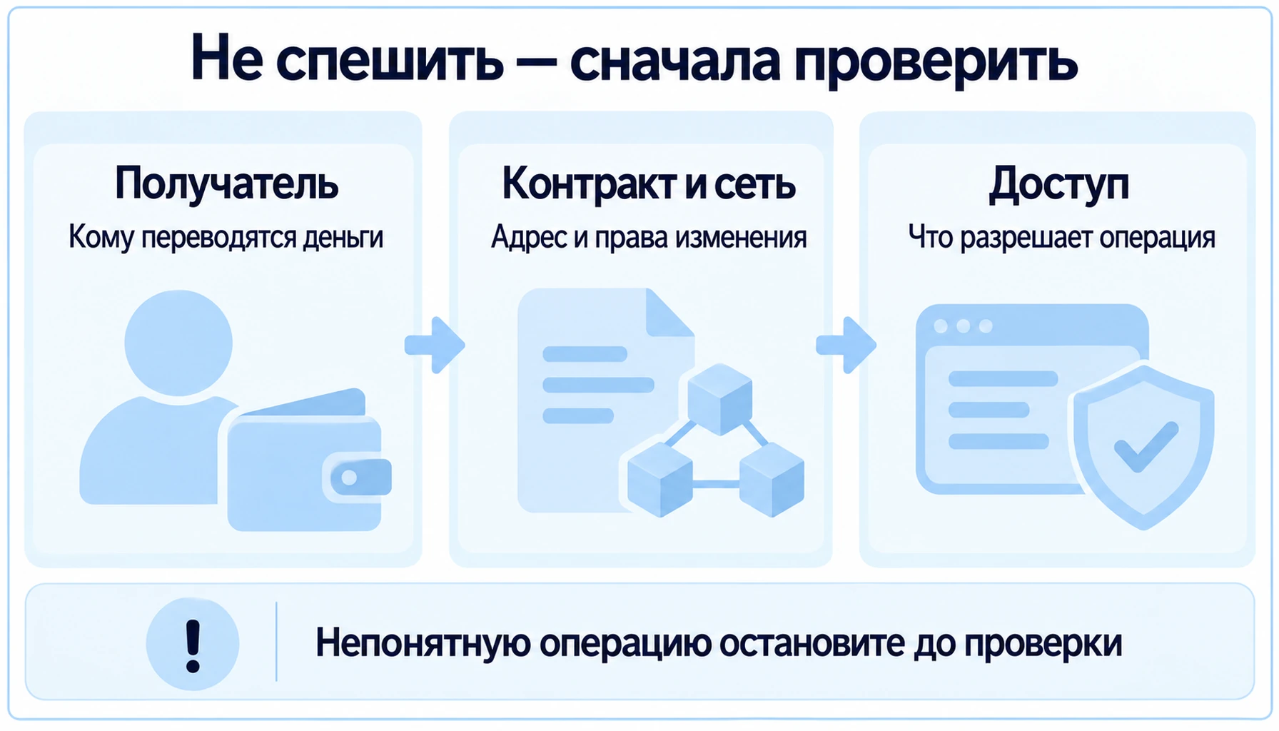 Перед операцией проверяются получатель, адрес контракта и сеть, права изменения и доступ к активам; непонятную операцию останавливают до проверки