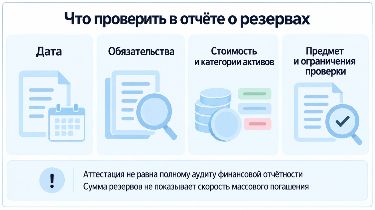 В отчёте проверяют дату, обязательства, стоимость и категории активов, предмет и ограничения проверки; аттестация не равна полному аудиту, сумма резервов не показывает скорость погашения