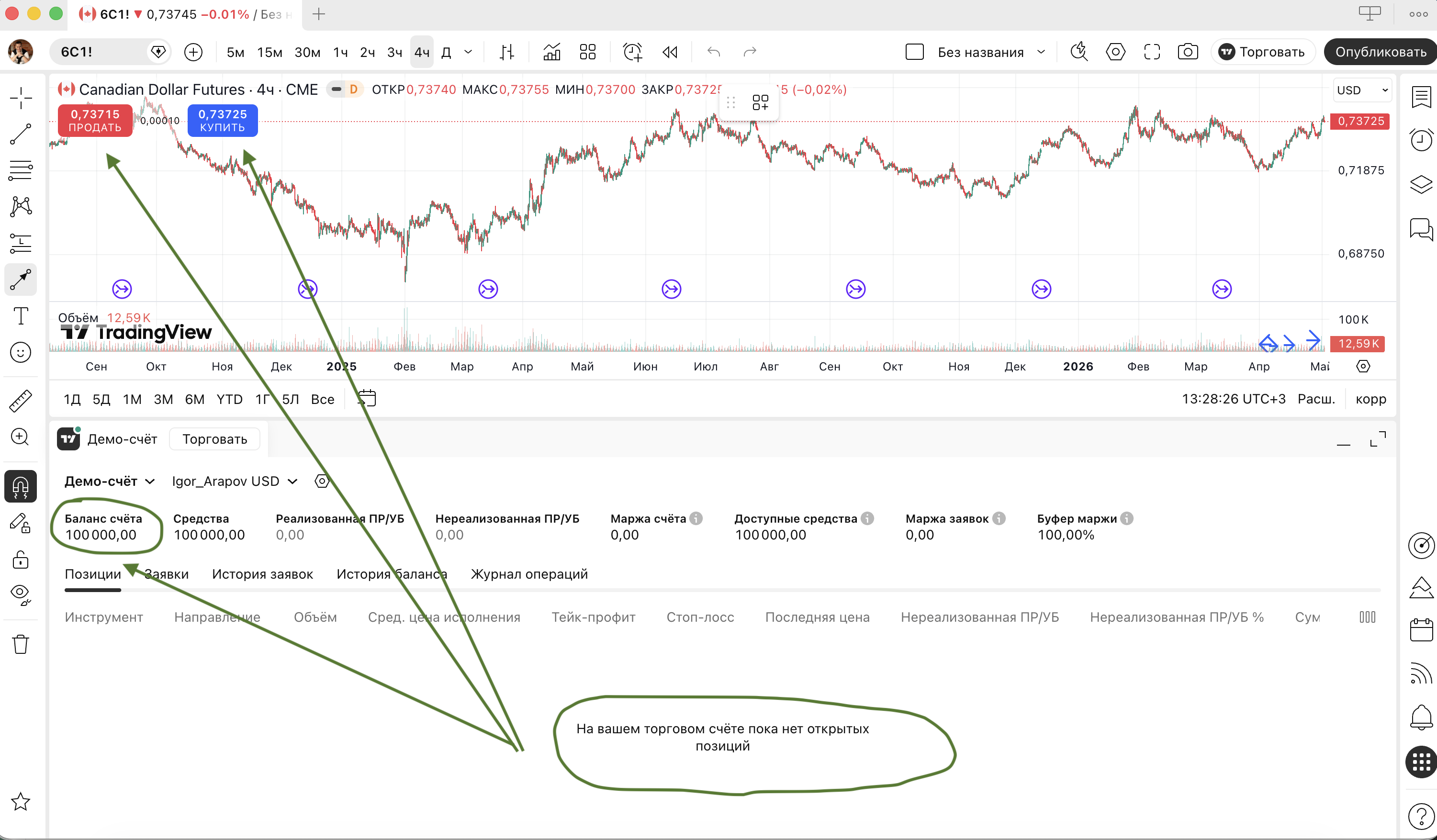 Демосчёт на TradingView — баланс счёта и открытые позиции