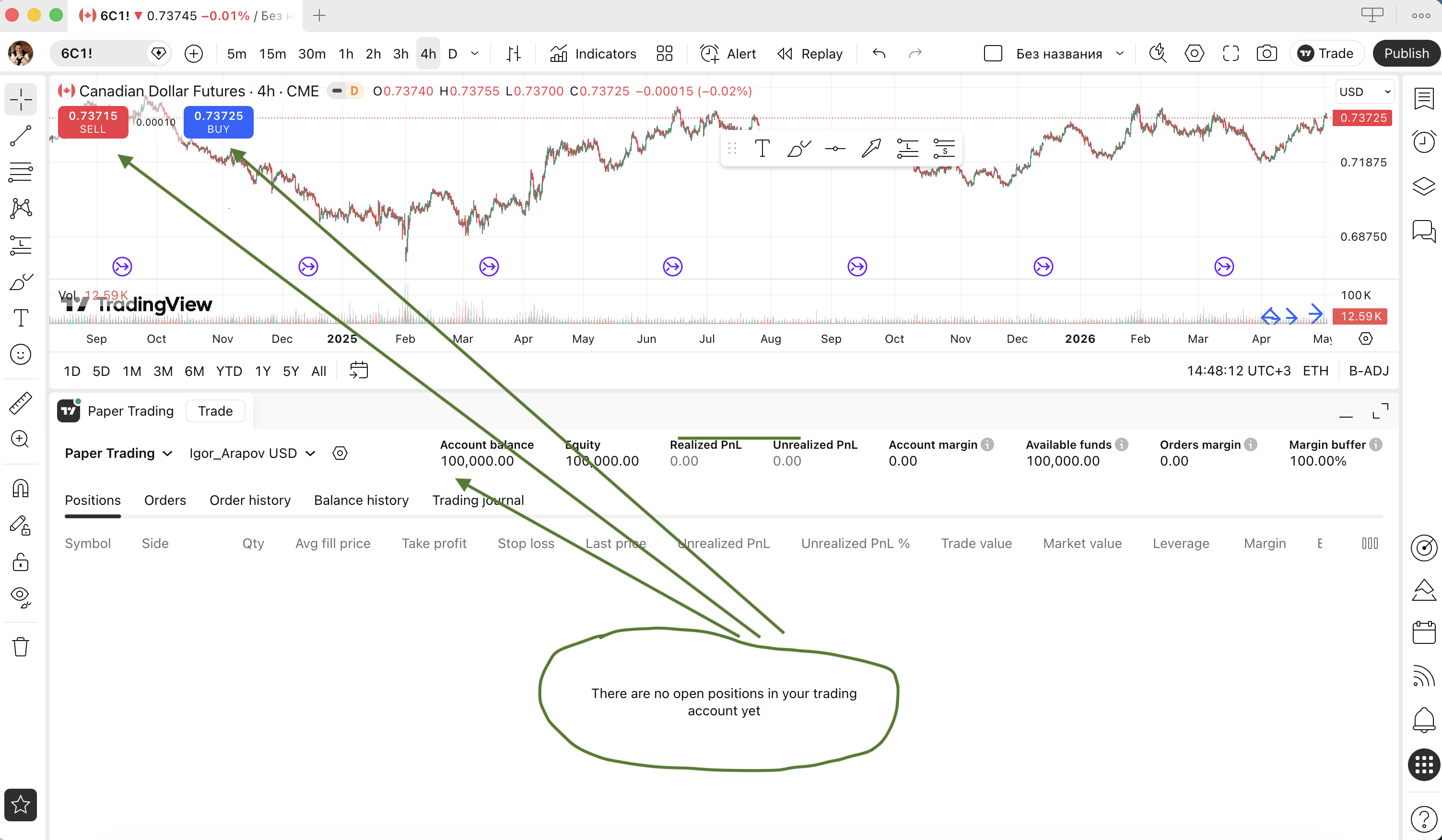 Демосчёт на TradingView — баланс счёта и открытые позиции