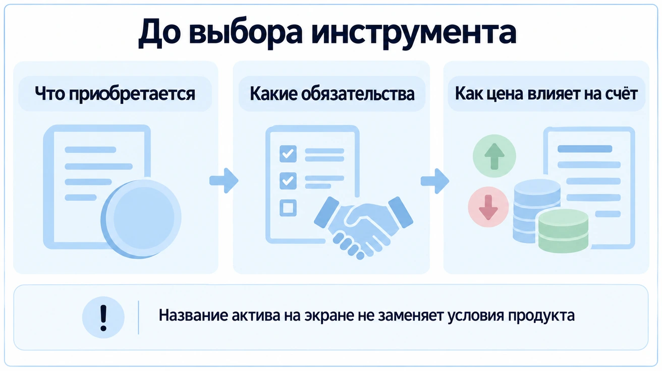 До выбора инструмента: Что приобретается; Какие обязательства; Как цена влияет на счёт. Название актива на экране не заменяет условия продукта