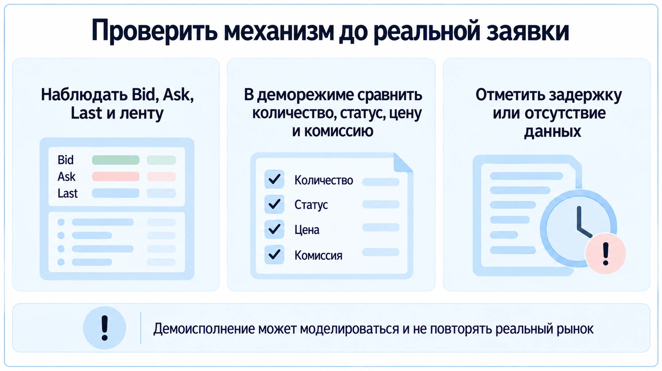 Учебное наблюдение Bid, Ask, Last и ленты, затем сравнение количества, статуса, цены и комиссии в деморежиме; демо не повторяет рынок полностью.