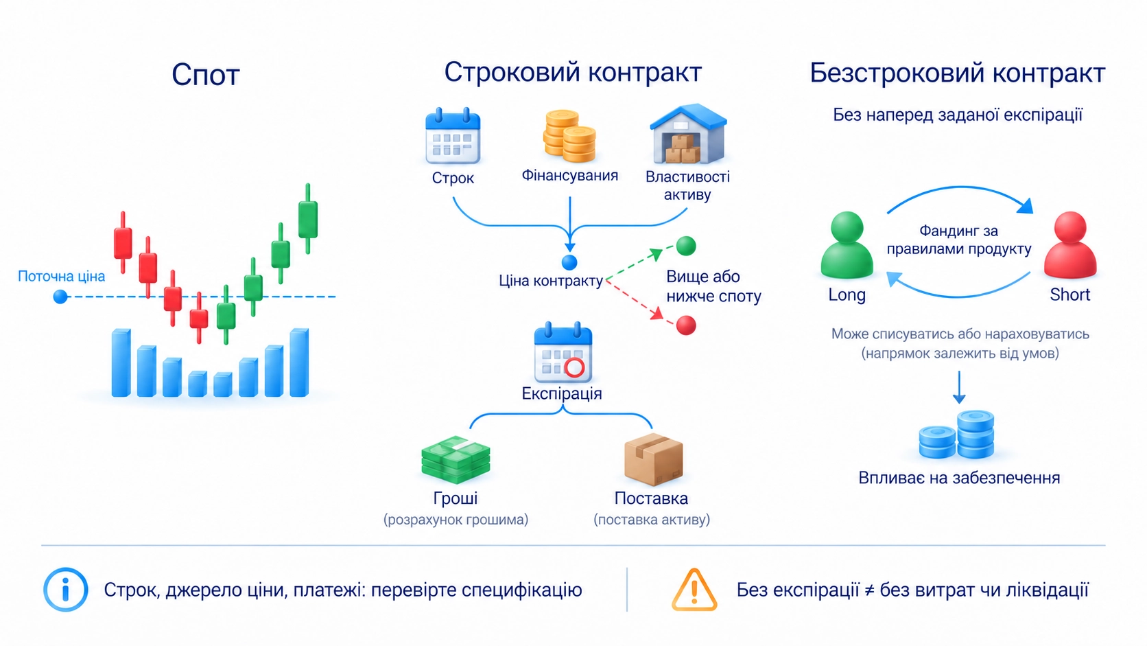 Ф’ючерсна ціна може бути вищою або нижчою за спотову; зв’язок залежить від строку, фінансування та властивостей активу. Декоративну формулу на дошці перекреслено як неуніверсальну.