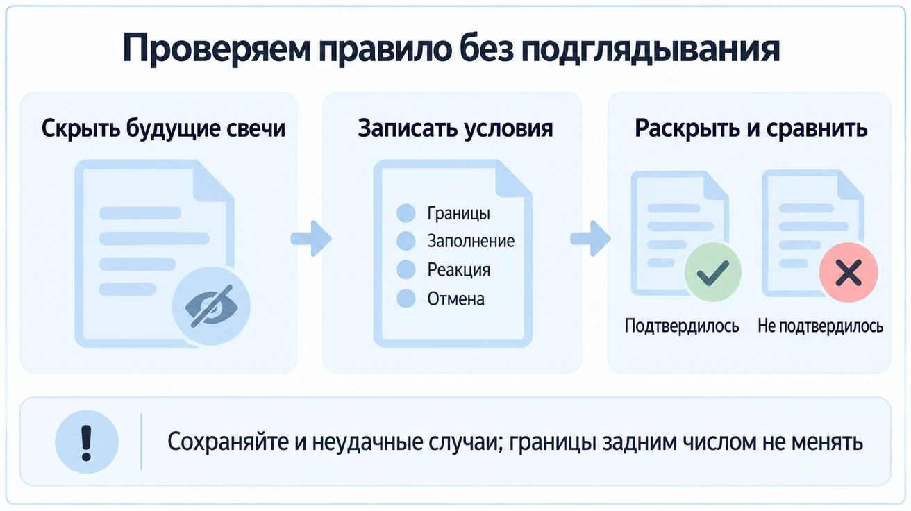 Учебная проверка FVG без будущих свечей с заранее записанными границами, заполнением, реакцией и отменой и учётом неудачных случаев