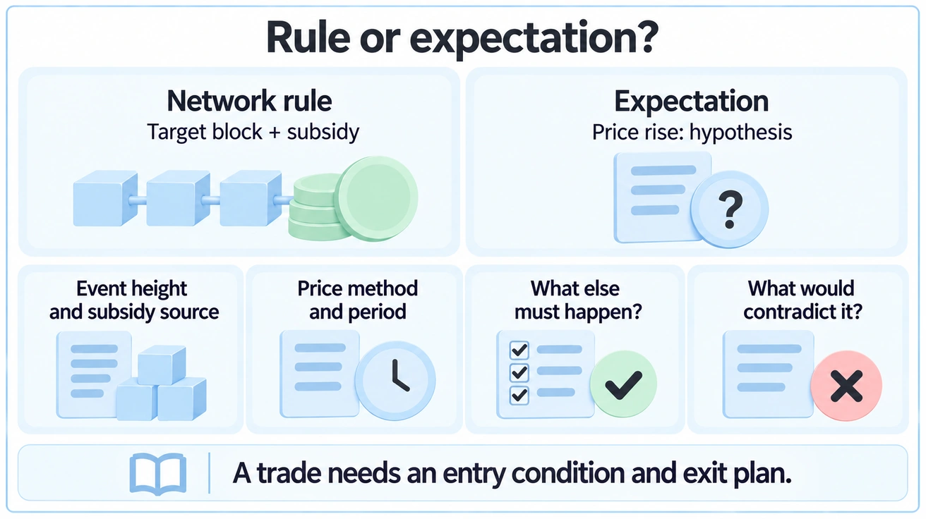 Separate the halving's target block and permitted subsidy from a price-rise hypothesis, then check its data, period and contradicting conditions.