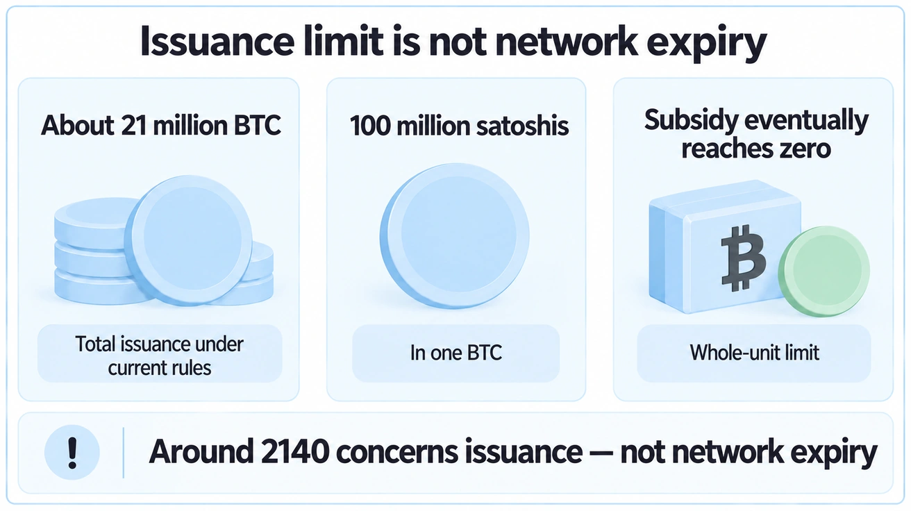 Under current rules, total issuance is about 21 million BTC; one BTC contains 100 million satoshis, and the eventual zero subsidy concerns issuance rather than network expiry.
