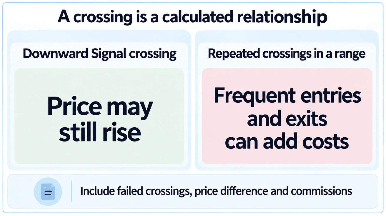 A downward crossing need not prove a price decline, and repeated entries may add trading costs.