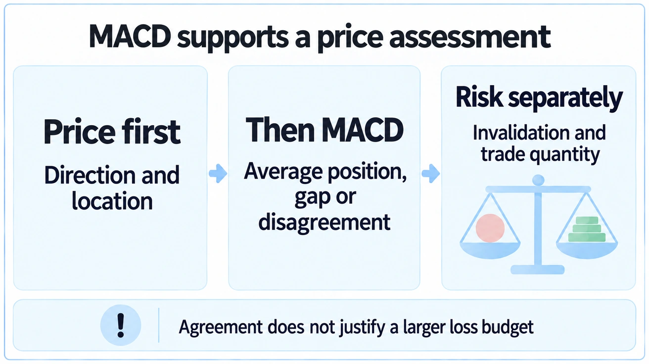 Price direction and location come first, MACD adds a calculated description, and invalidation and quantity remain separate.