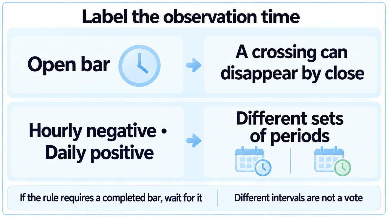 Open-bar crossings can change and hourly and daily MACD readings describe different period sets.