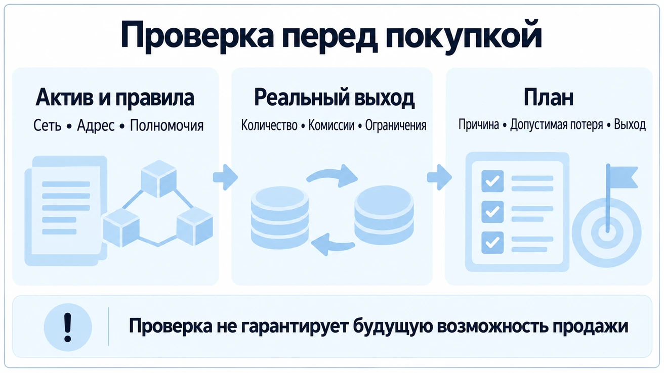 Перед покупкой проверяют сеть, адрес и полномочия, исполнение продажи своего количества и расходы, затем причину участия и допустимую потерю; будущая продажа не гарантируется