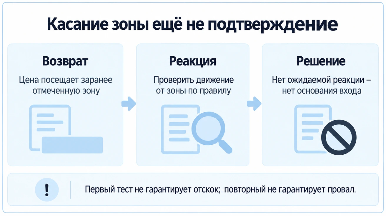 После возврата проверяют движение от зоны; без ожидаемой реакции нет основания входа, первый и повторный тесты не гарантируют исход
