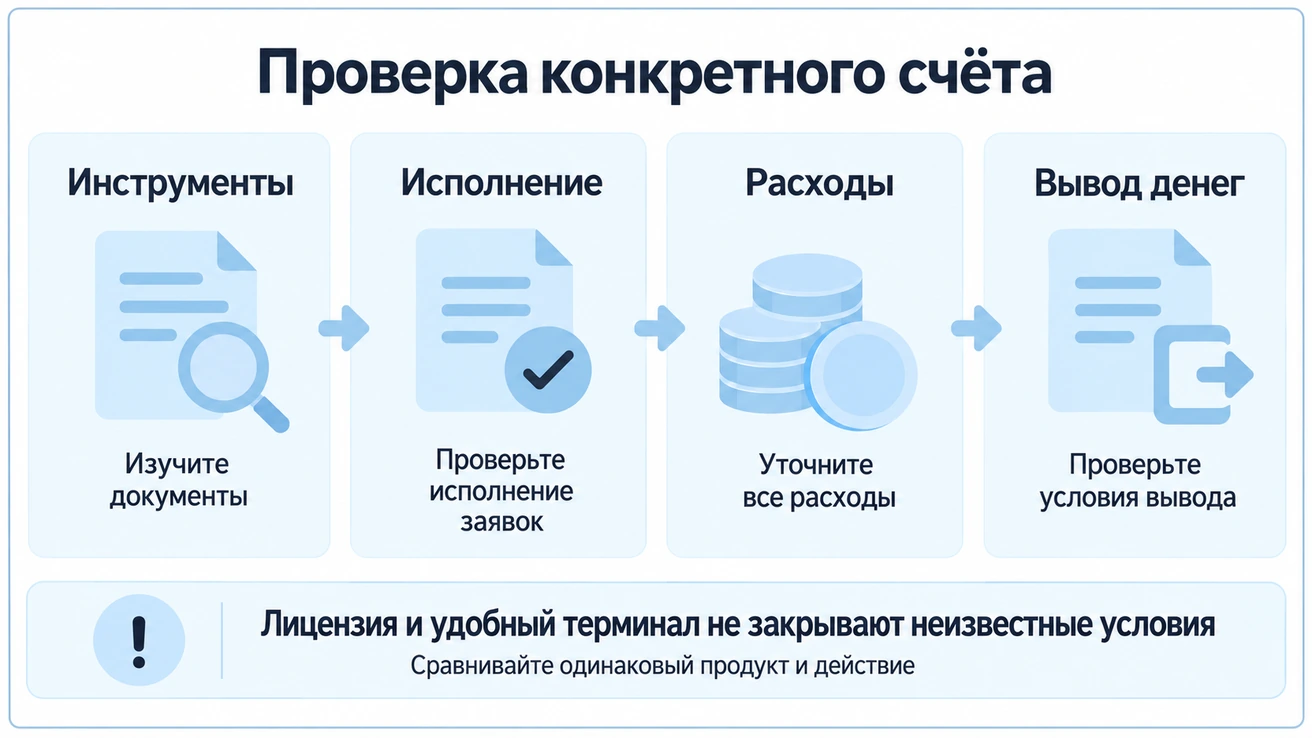 Для конкретного счёта проверяют инструменты, исполнение заявок, расходы и вывод денег; лицензия и удобный терминал не закрывают неизвестные условия
