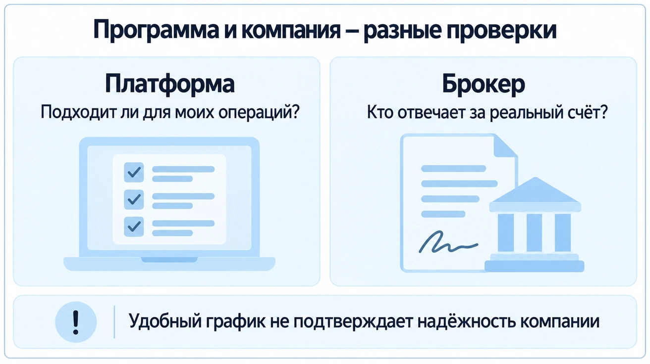 Платформу проверяют по пригодности для операций, брокера по ответственности за реальный счёт; удобный график не подтверждает надёжность компании