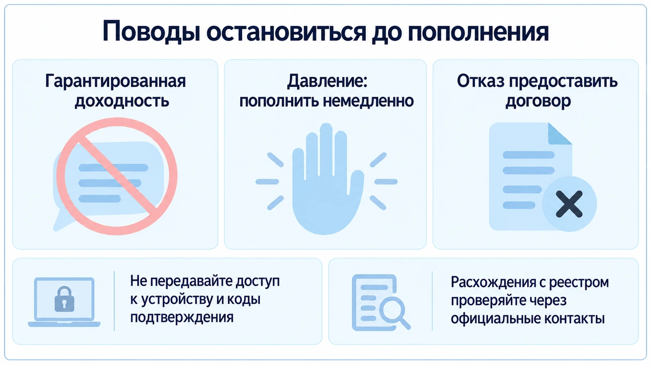 Обещанная гарантированная доходность, давление немедленно пополнить счёт и отказ дать договор требуют остановки; доступ к устройству и коды подтверждения не передают