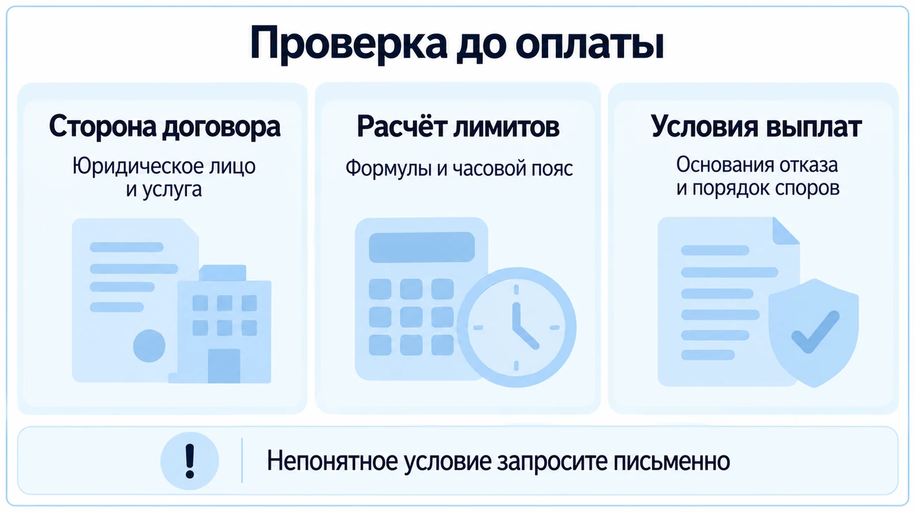 До оплаты проверяются сторона договора и услуга, формулы лимитов и часовой пояс, условия выплат и порядок споров; непонятные условия запрашиваются письменно