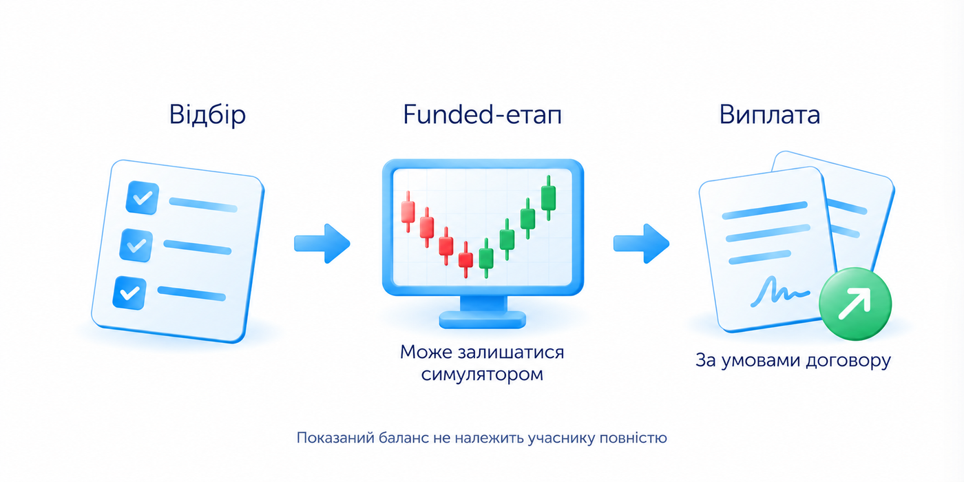 Funded є етапом програми й може залишатися симулятором; виплата є зобов’язанням за договором, показана сума не дає права вивести весь баланс