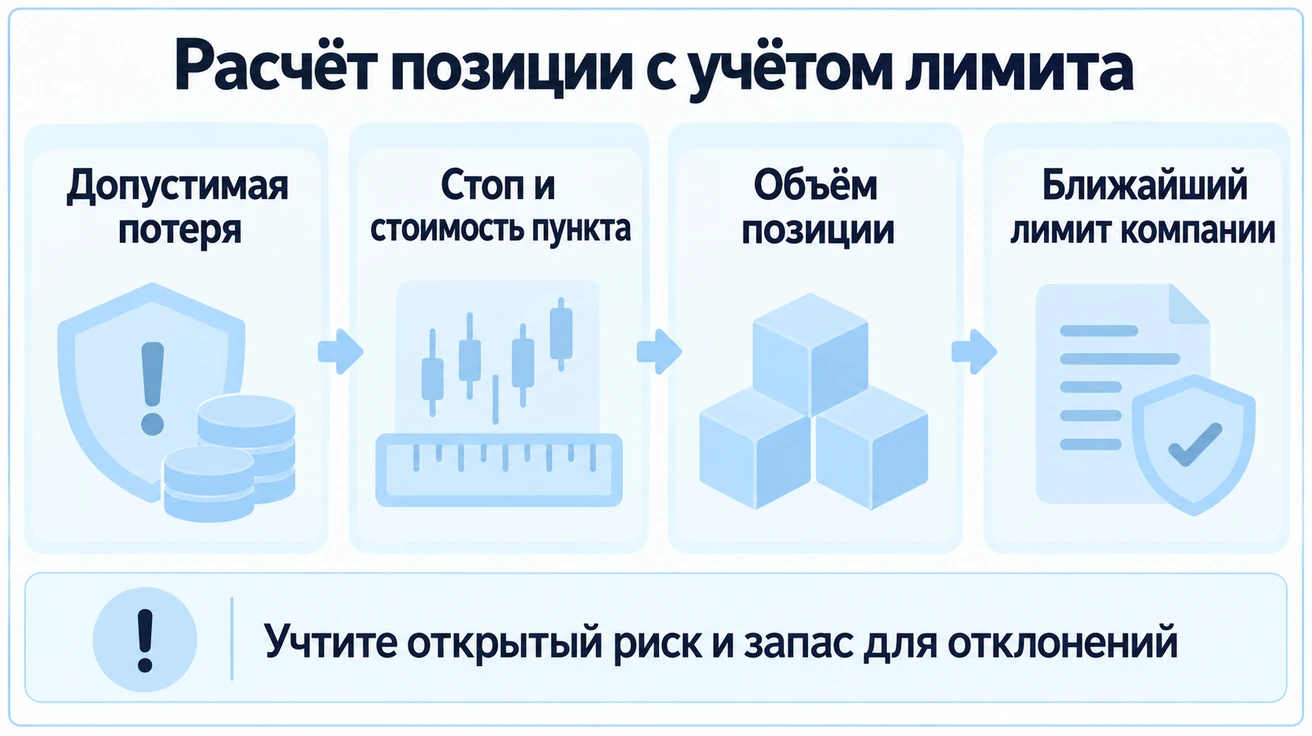 Расчёт позиции: допустимая потеря, стоп и стоимость пункта, объём и ближайший лимит компании; учитываются открытый риск и запас для отклонений