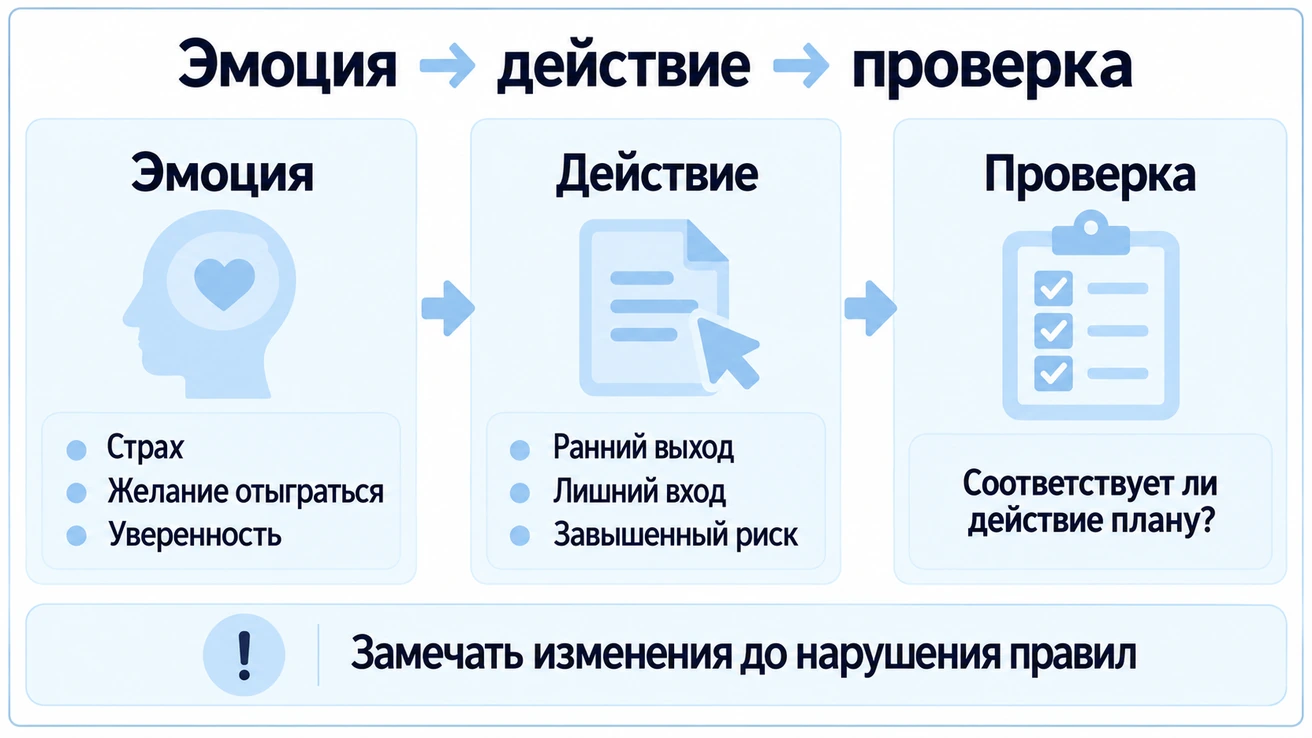 Эмоции могут менять действия: ранний выход, лишний вход и завышенный риск; проверка сопоставляет действие с планом до нарушения правил