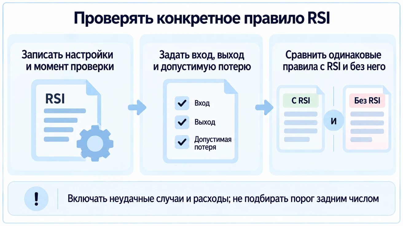 Проверка конкретного правила RSI: настройки и момент проверки, условия входа и выхода, допустимая потеря и сравнение одинаковых правил с RSI и без него с учётом расходов.