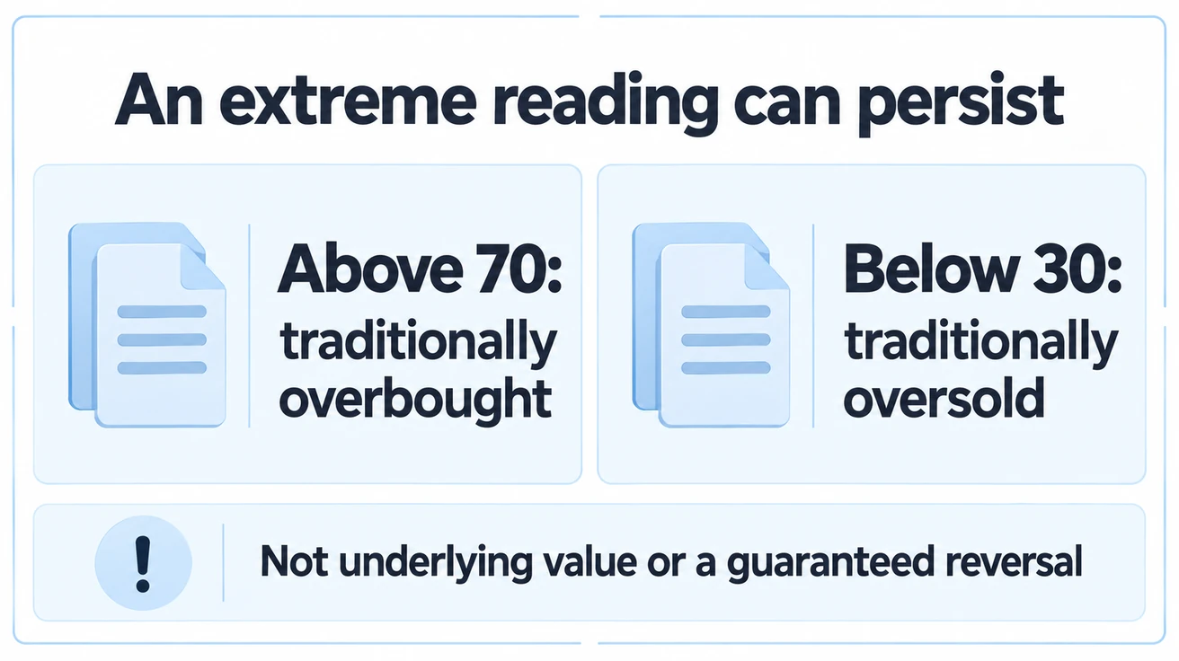 An extreme reading can persist. Two equal cards Above 70: traditionally overbought and Below 30: traditionally oversold, neutral document matte objects. Footer Not underlying value or a guaranteed reversal. Do not draw reversal arrows or buy/sell trades.