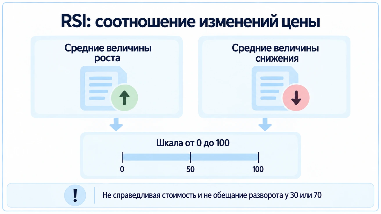 RSI сопоставляет средние величины роста и снижения цены на шкале от 0 до 100; крайние значения не обещают разворот.