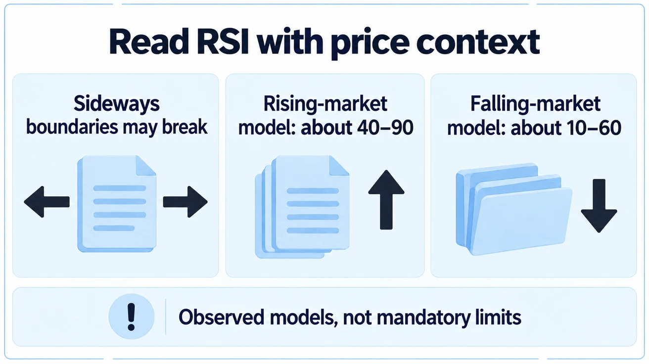 Read RSI with price context. Three cards Sideways boundaries may break, Rising-market model: about 40–90, Falling-market model: about 10–60. Footer Observed models, not mandatory limits. Neutral documents with no invented price line.