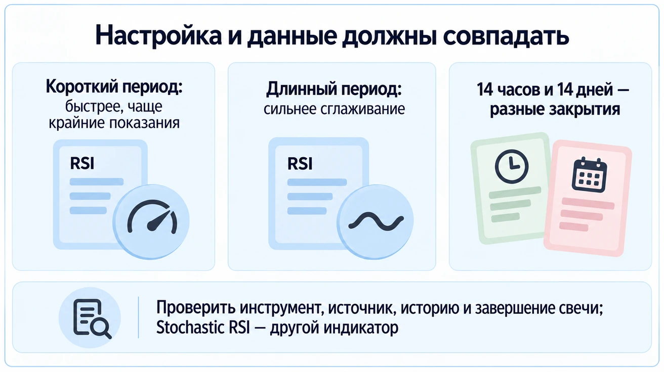 Короткий период RSI реагирует быстрее, длинный сильнее сглаживает; часовые и дневные закрытия различаются, настройки и данные нужно сопоставлять.