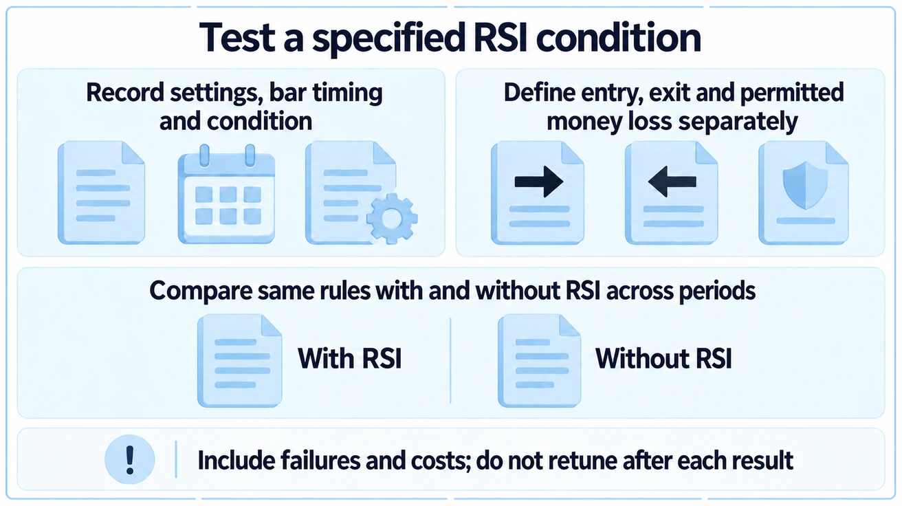 Test a specified RSI condition. Two equal groups Record settings, bar timing and condition and Define entry, exit and permitted money loss separately. Lower Compare same rules with and without RSI across periods and footer Include failures and costs; do not retune after each result. No invented thresholdsresults.
