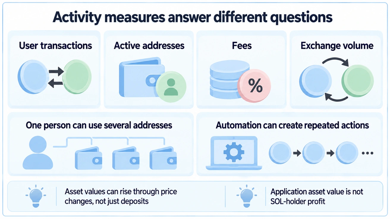 Transactions, addresses, fees and volume require composition checks; application asset value differs from SOL-holder profit.