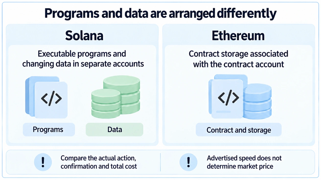Solana program/data accounts compared with Ethereum contract-associated storage and actual user conditions.