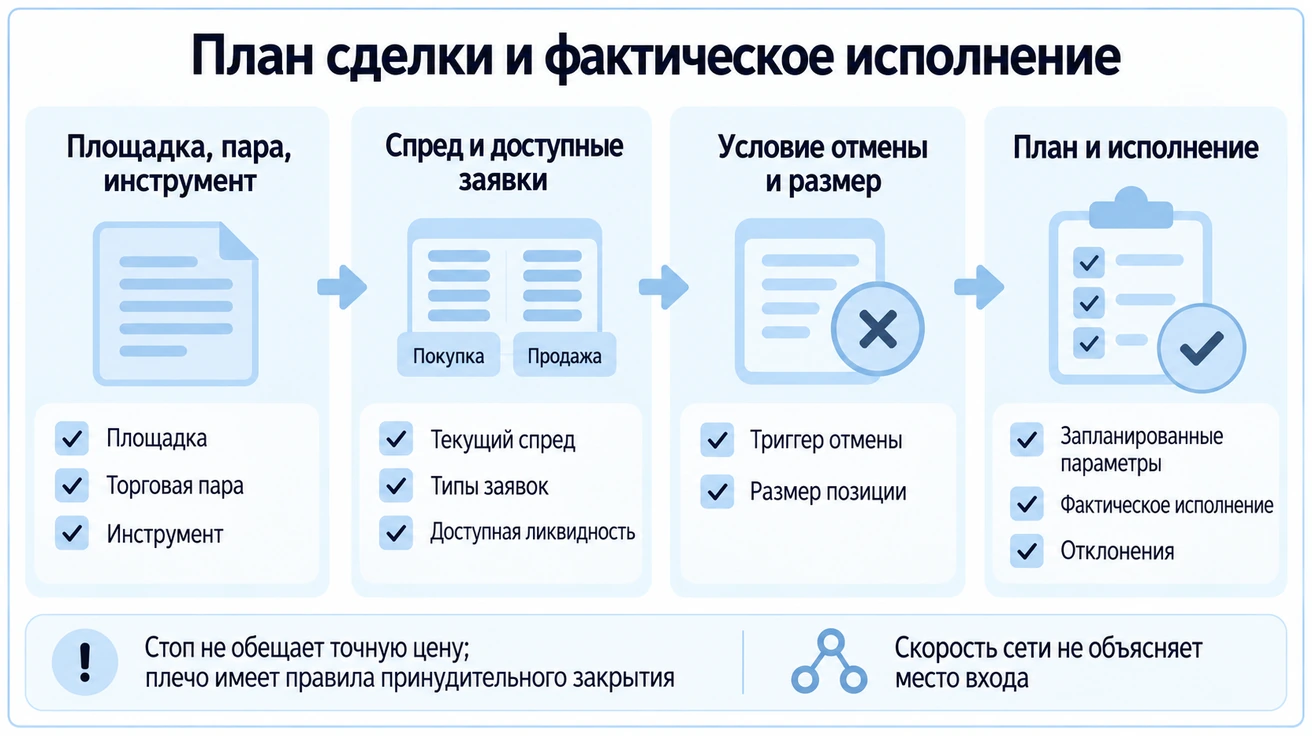 Перед сделкой проверяют инструмент, спред, заявки, условие отмены и количество и сравнивают план с исполнением; стоп не гарантирует точную цену
