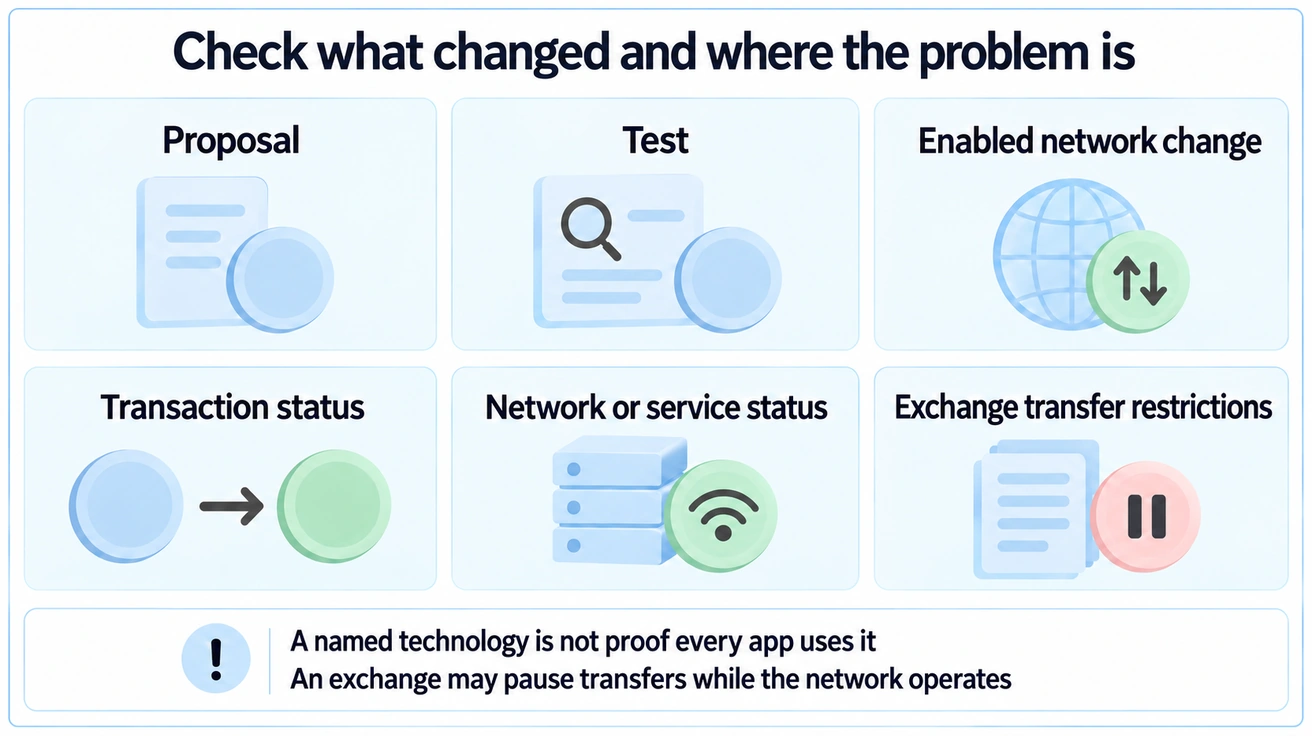 Upgrade proposal, test and enabled change differ; transaction, network-service and exchange statuses need separate checks.